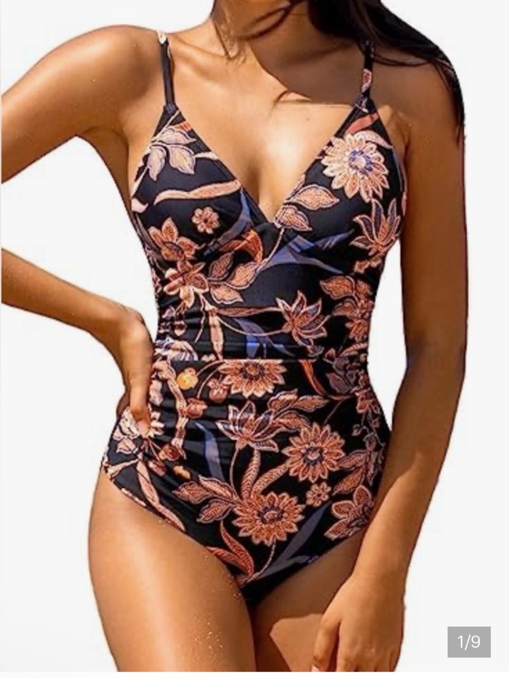 Cupshe NWT S Black Brown purple floral v cut ruched sexy One-Piece Swimsuit